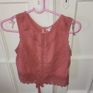 Pink Crop Tank Top with Tie Front and Scalloped Hem